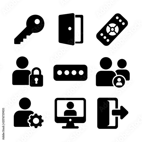 Black and white icons showing security, access control, and user management concepts.