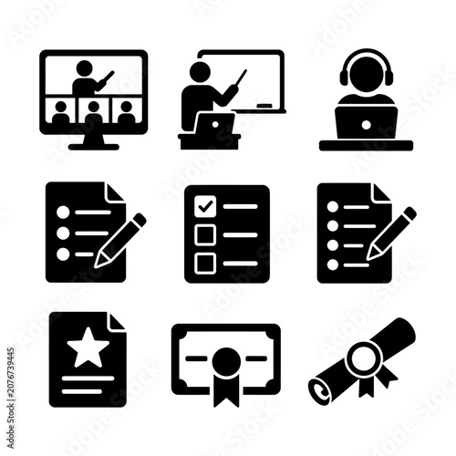 Black and white icons illustrating education, presentation, and document management concepts.