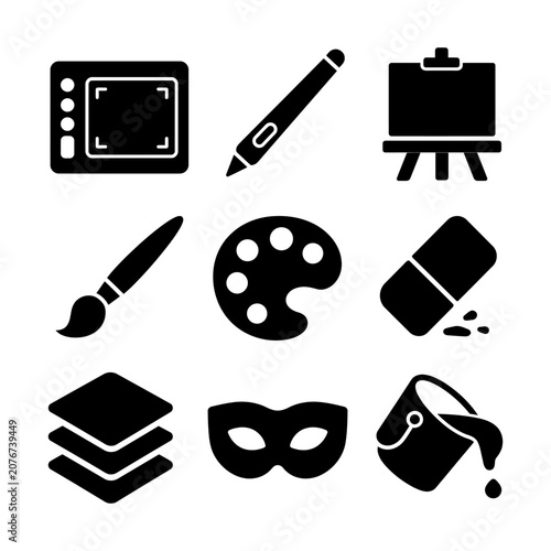 Black and white icons representing artistic tools and creative processes for graphic design.