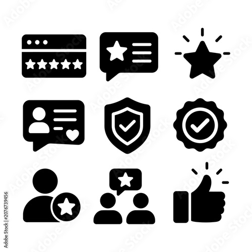 Black and white icons depicting user reviews, feedback, and social engagement symbols.