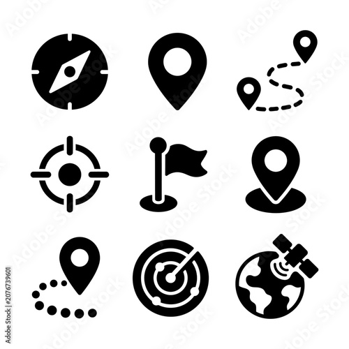 Nine black and white icons representing travel, navigation, and location-based symbols for mapping and adventure themes.