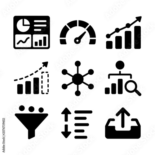 Nine minimalist black and white icons illustrating financial growth, analytics, and directional trends on a clean background.