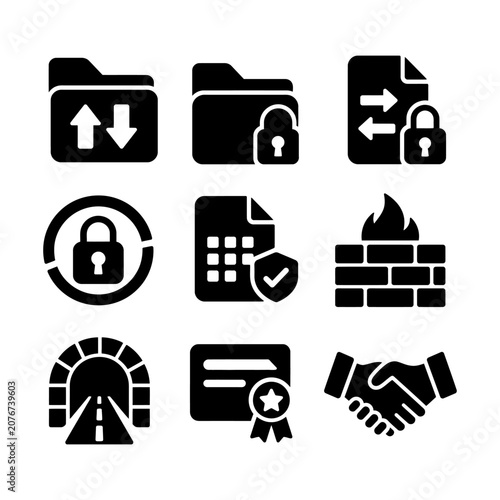 Nine black and white icons depicting security, storage, construction, and agreement themes for digital interfaces.
