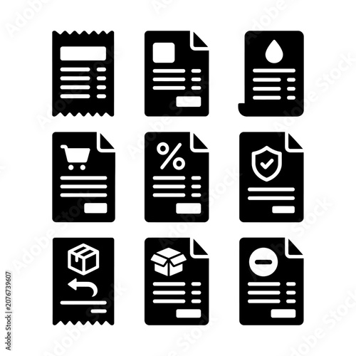 Twelve black and white icons representing business documents, contracts, and financial symbols on a transparent background.