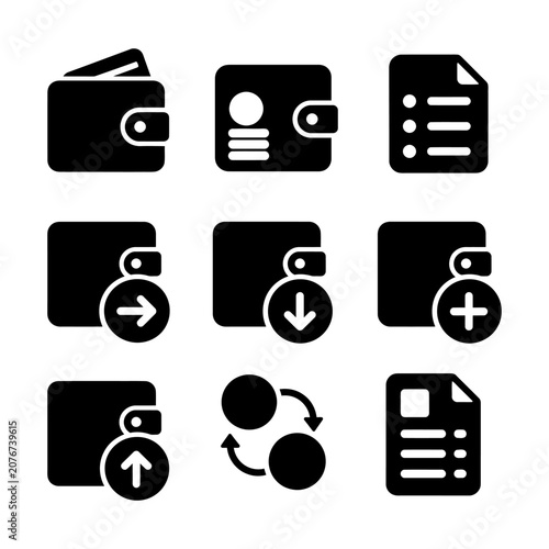 Black and white icons illustrating financial transactions, document management, and file organization in a business setting.
