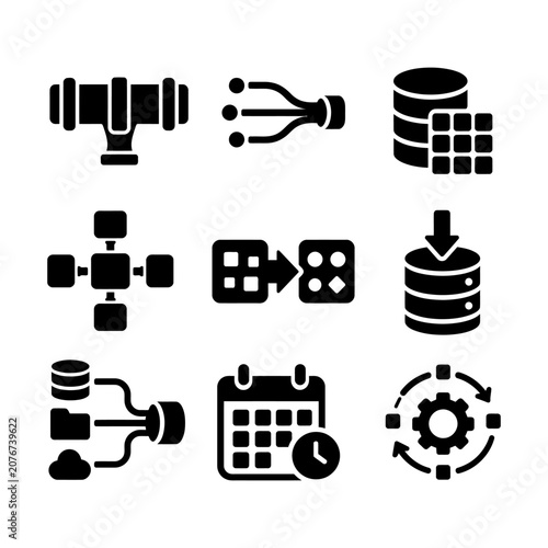 Set of abstract icons depicting space exploration, data transfer, and time management in a futuristic design.