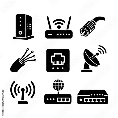 Black and white icons showcasing networking hardware and wireless communication technology.