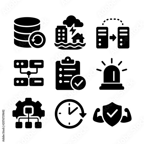 Modern icons representing data storage, security, and technology infrastructure in a digital workspace.