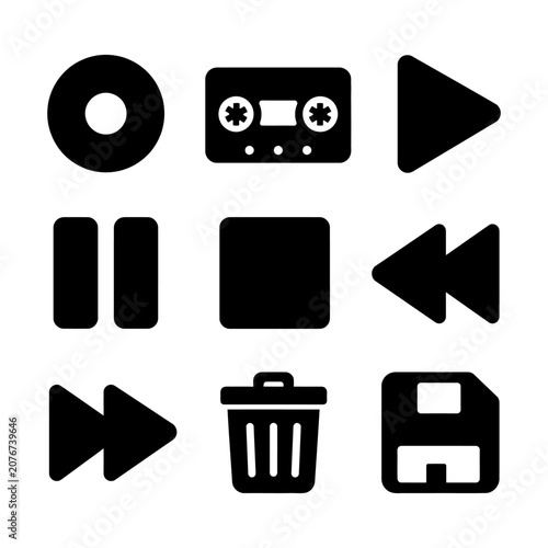 Simple black icons for media playback and file management displayed in a clean grid pattern.