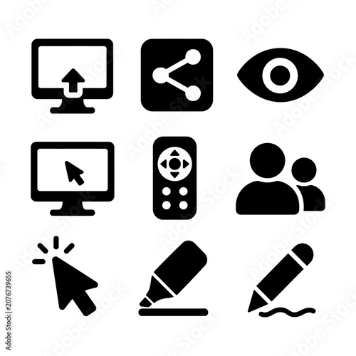 Minimalist black icons depicting digital technology and communication tools in a square grid.