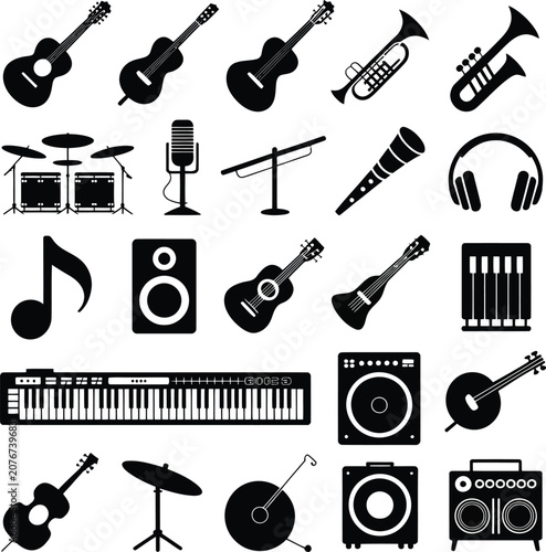 Assortment of black musical instrument including guitars, drums, microphones, and audio gear
