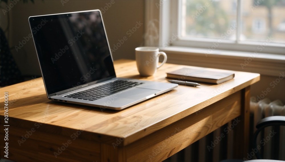 Fototapeta premium Productive home office setup for remote work or digital nomad lifestyle with laptop and coffee.
