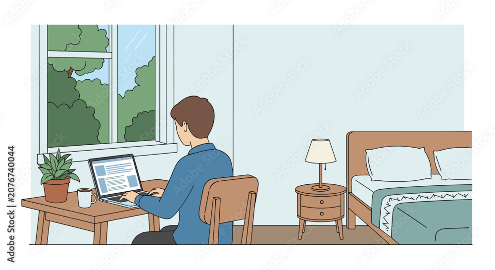 Fototapeta premium Flat illustration of person sitting at desk hesitating before decision, hand on chin, laptop open but idle, sticky notes blank on desk, remote worker, freelance, work from home, work from anywere,