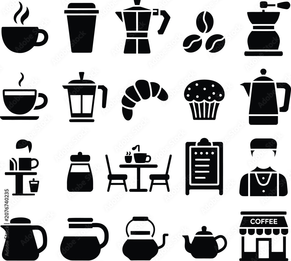 Obraz premium Coffee shop and beverage set featuring coffee cup, espresso, french press, beans, and barista desi