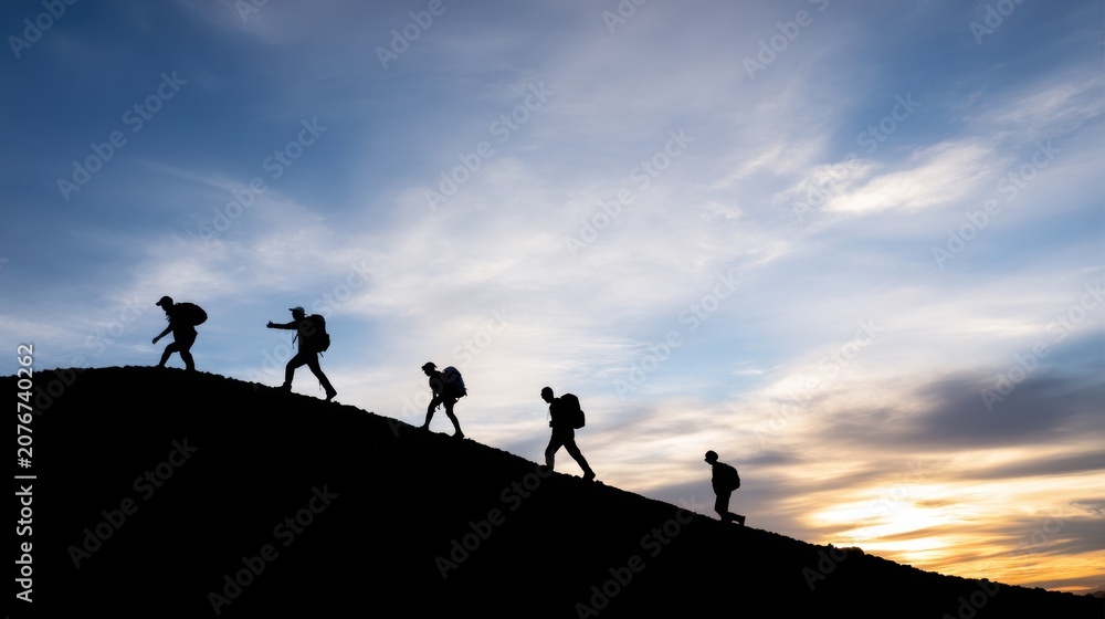 Obraz premium Hikers climb a mountain during sunset with a blue sky and clouds