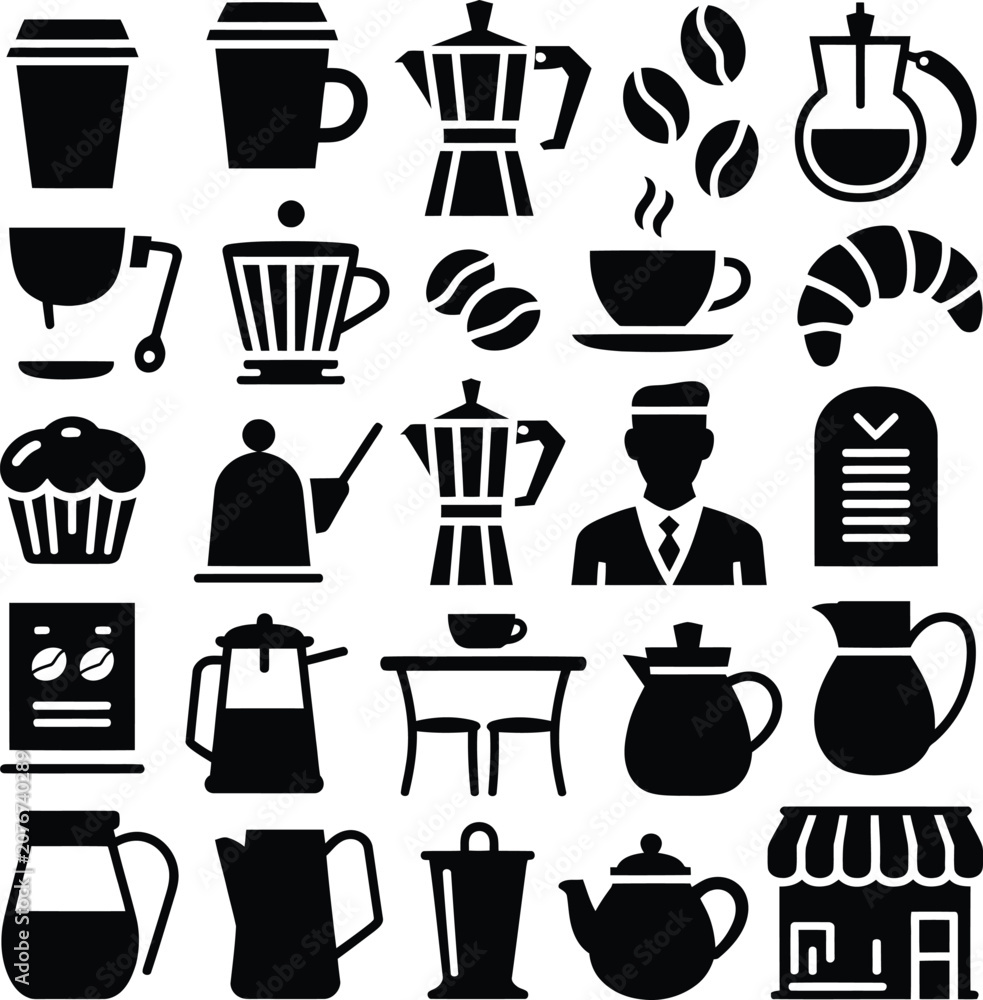 Obraz premium A set of black coffee and cafe featuring cups, pots, beans, and various brewing equipment d