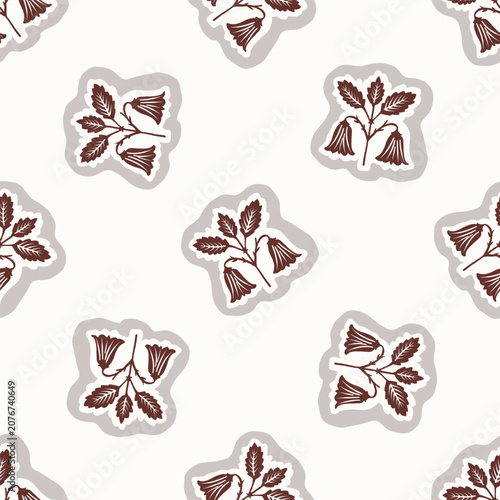 Hand drawn folk art floral seamless pattern. Flat isolated all over design vector illustration. Botanical scandi summer fall nature design style. Quirky flower block print stylish texture repeat
