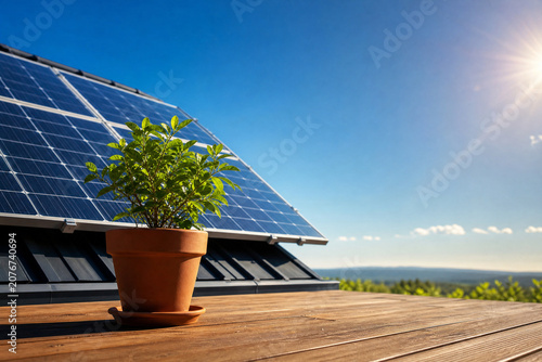 Solar Panels on Modern Rooftop with Green Plant, Symbolizing Sustainable Energy and Eco-Friendly Living