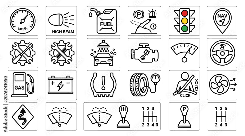 Fototapeta premium Black and white car dashboard icons.