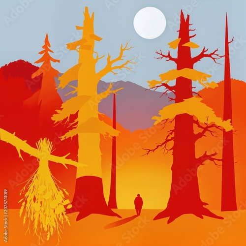Minimalist Forest Landscape with Lone Silhouette and Full Moon