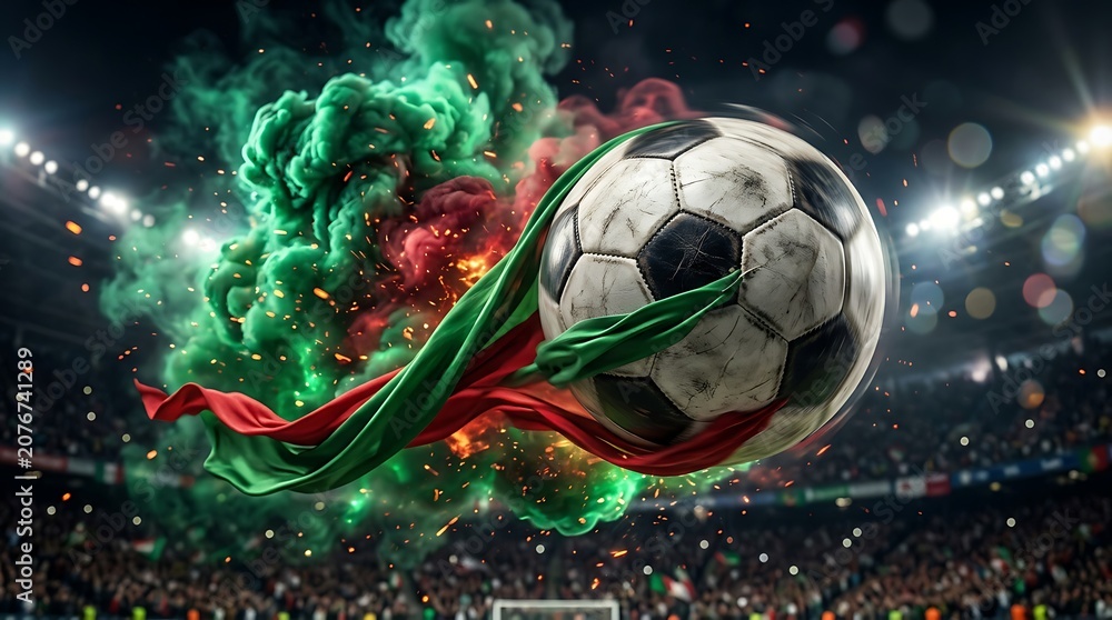 Obraz premium Football 2026 dynamic soccer ball with mexican flag colors and stadium flare
