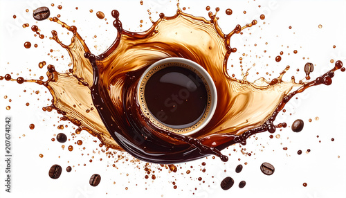 Coffee splash with flying beans and droplets isolated on white