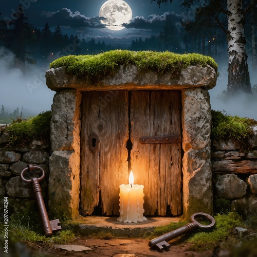 Mysterious Stone Portal with Wooden Door Candle and Keys Under Full Moon