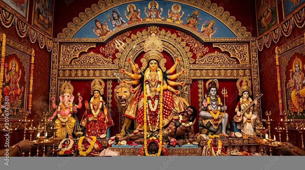 Fototapeta premium Hindu deity Durga sitting atop a decorated altar with multiple statues.