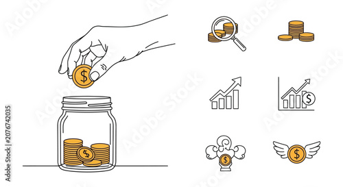Saving money jar silhouette coins hand finance