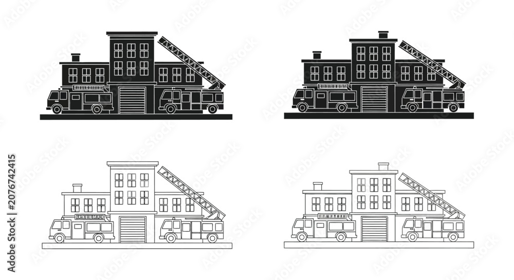 Fototapeta premium Fire station silhouette building truck ladder emergency
