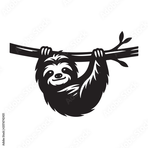 sloth hanging from tree branch vector silhouette clip art logo design illustration
