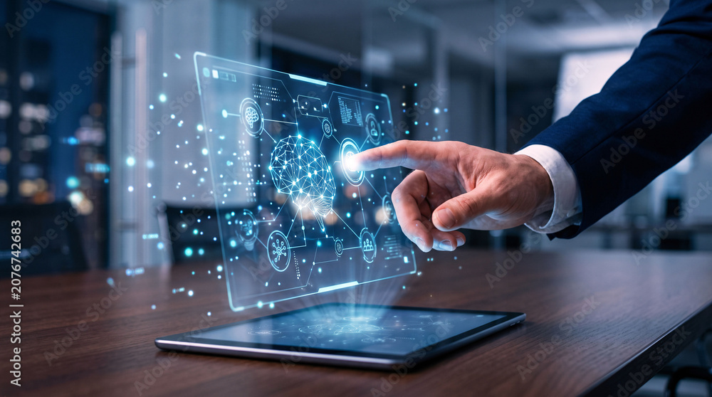 Fototapeta premium Futuristic tablet displaying complex artificial intelligence neural network with brain symbol and data nodes on wooden office table representing advanced computing and innovation.