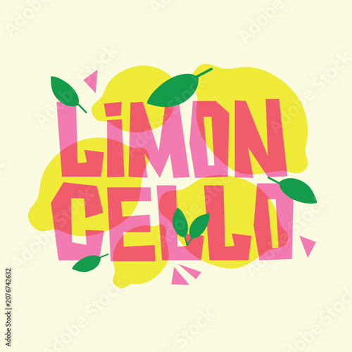 Limoncello logo print. Vector art design concept. Handwritten font illustration with lemons on background. Composition for packaging, posters, clothing, stickers, textile, fabric
