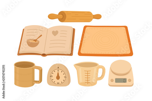 Warm flat vector set of baking prep tools, measuring equipment, and recipe book.