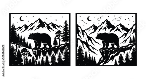 Quadro su tela Two black silhouettes of a bear standing on a rocky outcrop against a mountain a