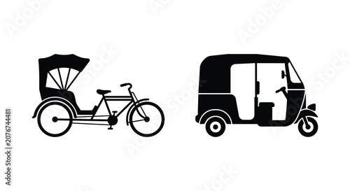 Schilderij op canvas Rickshaw And Auto Rickshaw Silhouettes On A White Background Transportation Vehi