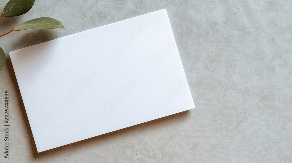 Fototapeta premium Blank Card with Eucalyptus Leaf: A clean, white blank card sits on a textured gray surface, accented by a single eucalyptus leaf, offering a serene and minimalist backdrop for your message.