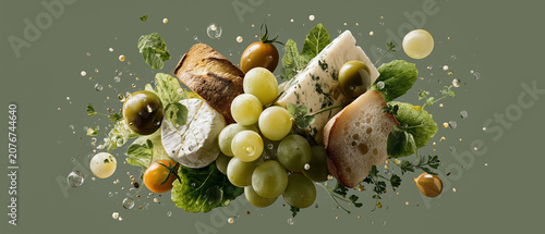 Artisan Cheese Platter in Mid-Air: A gourmet selection of artisanal cheeses, fresh grapes, olives, and bread fragments artfully arranged and suspended in mid-air.