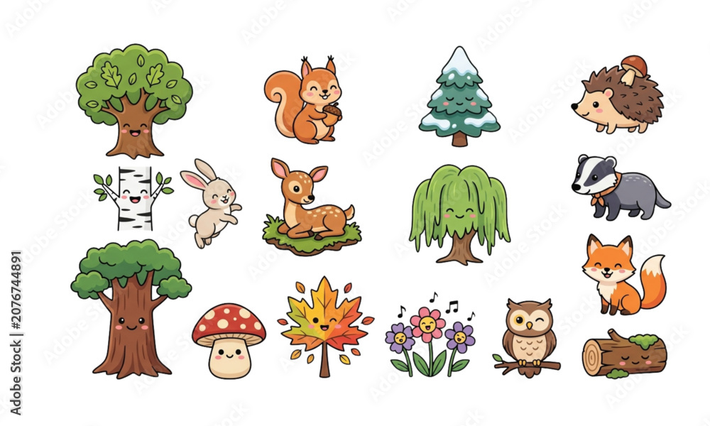 Obraz premium Cute cartoon woodland forest animals and trees set, kawaii wildlife nature elements vector illustration clipart