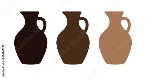 Foto Three earthen jug silhouettes in varying shades of brown against a white backgro