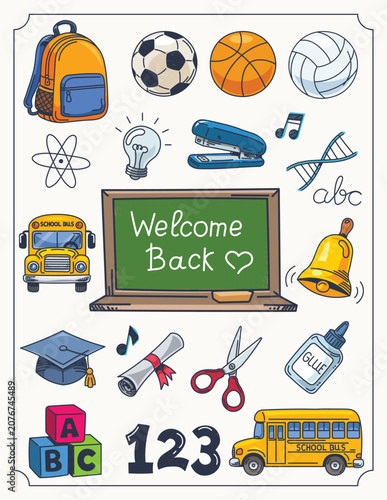 Colored Back to School Doodles Pack Retro Hand Drawn Blackboard Education and Sports Vector Icons