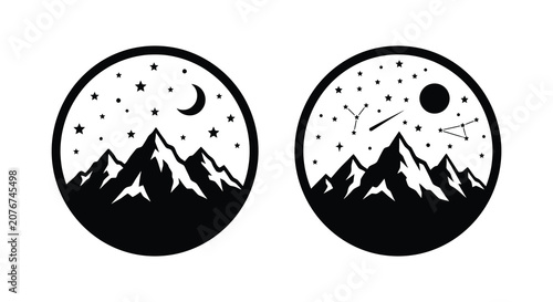 Fotografie Mountain range and celestial bodies within circular frames a black silhouette mo