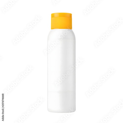 White cosmetic bottle with orange lid isolated on transparent background
