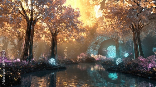 Magical sunset forest scene with glowing orbs and calm water.