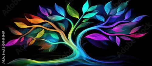 Vibrant rainbow tree on black background.