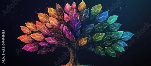 Vibrant rainbow tree with colorful leaves against a dark background.