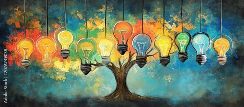 Colorful lightbulbs hanging from a tree, symbolizing ideas and innovation.