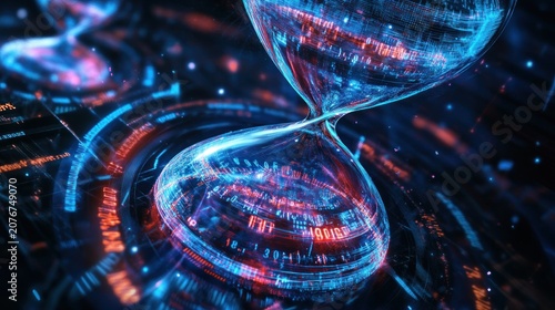Futuristic digital hourglass, time, technology concept.