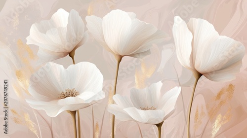 Elegant white poppies and gold wheat on a marble background.
