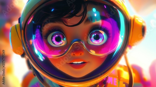 Close-up of a cute cartoon astronaut girl with vibrant colors.